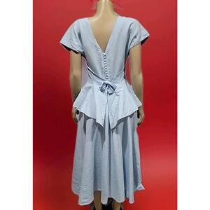 Nancy Johnson Vintage Linen Blend Sz 6 Blue Peplum Midi Dress Crochet Detail #C